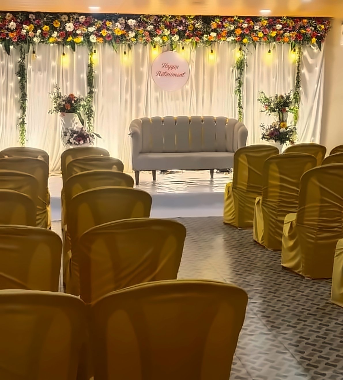 Function hall set up for a large gathering